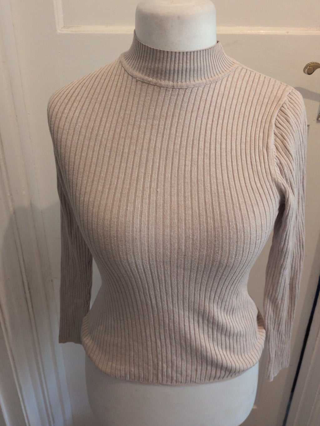 Ladies Primark Small Beige Rib Long Sleeve High Neck Jumper