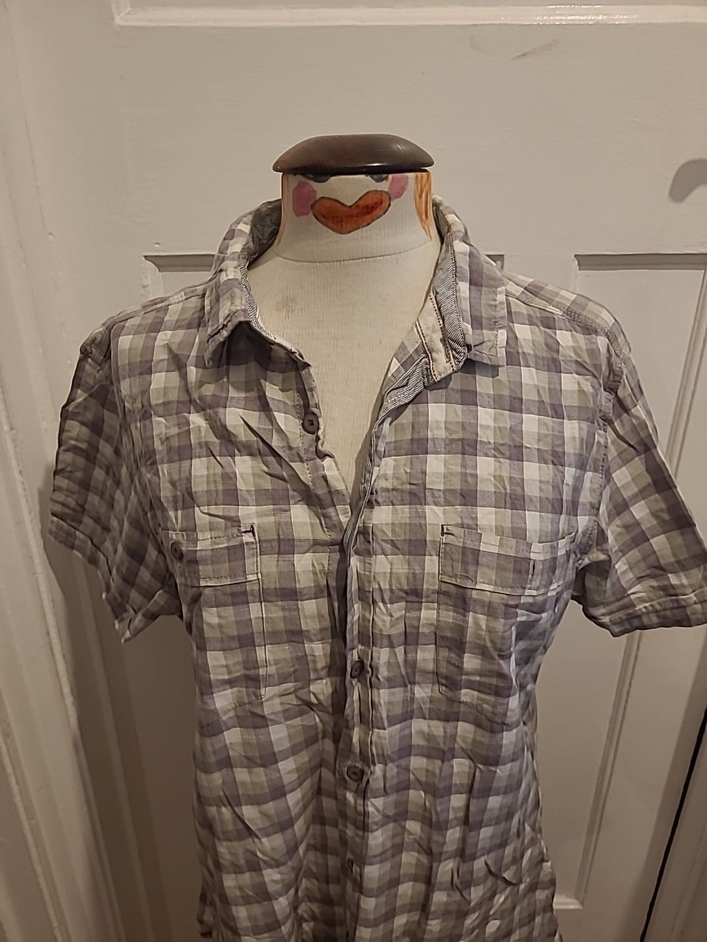 Mens Trait Size Large Purple/Grey Check Short Sleeved Shirt