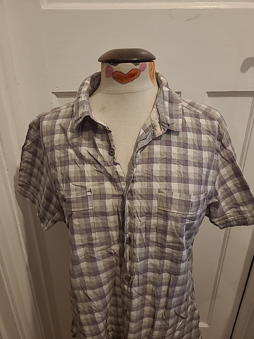 Mens Trait Size Large Purple/Grey Check Short Sleeved Shirt