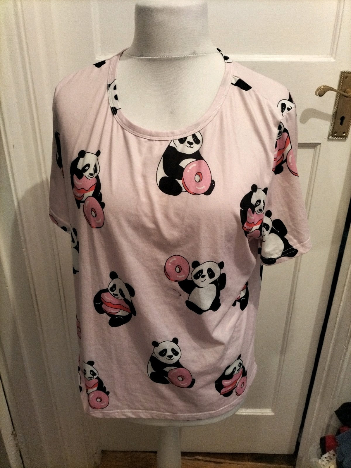 Ladies Size XL Pale Pink Panda Short Sleeved Pyjama Top