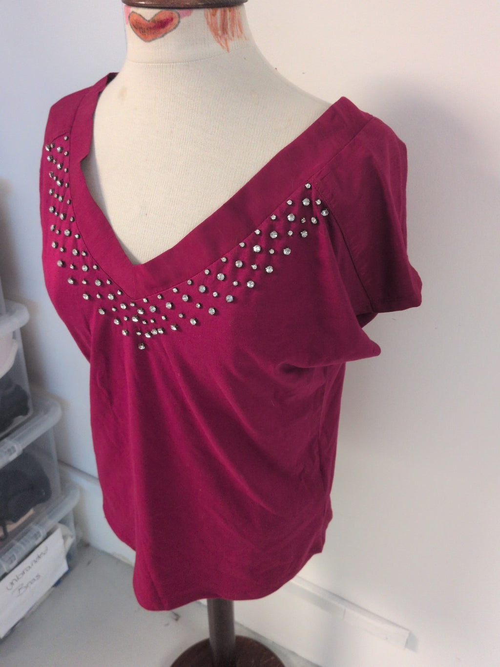 Cortefiel 8 Deep Pink With Silver Diamante Short Sleeve V Neck Blouse
