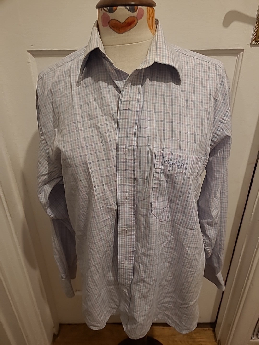 Mens Pierre Cardin Size 15.5in White Blue pink Check Long Sleeve Shirt