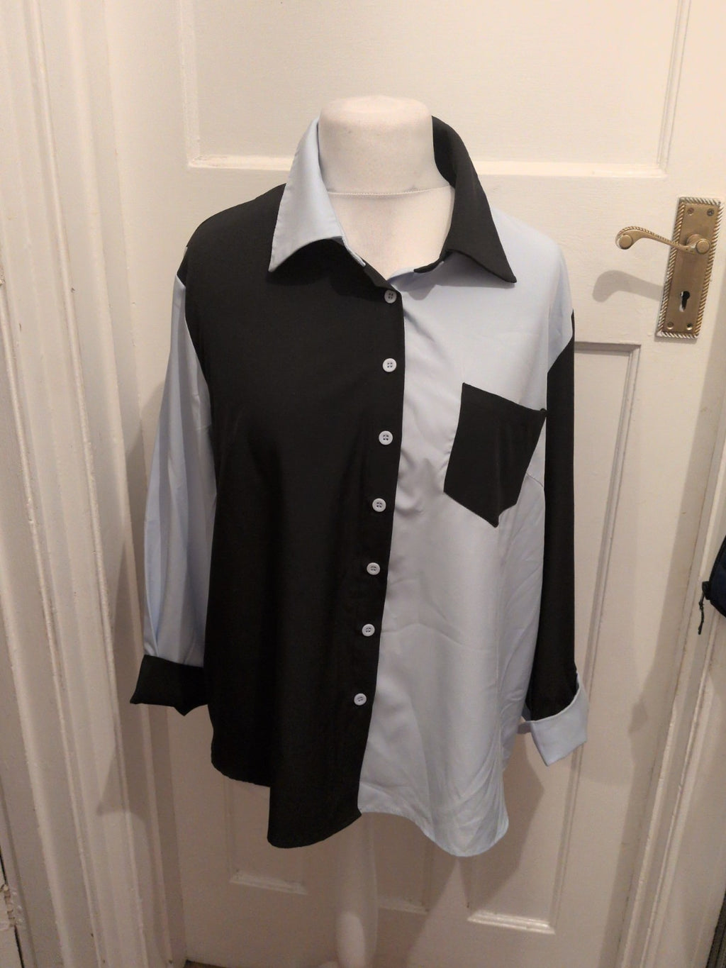 Shein XL Black And White Long Sleeve Button Collared Blouse