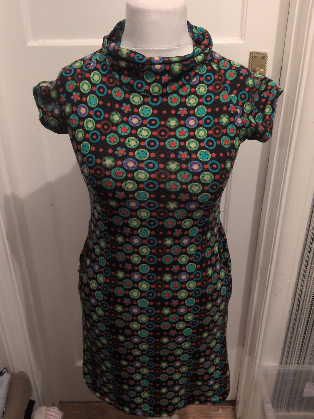 Ladies Xantik Size Small Roll Neck Navy Multicoloured Short Sleeved Dress