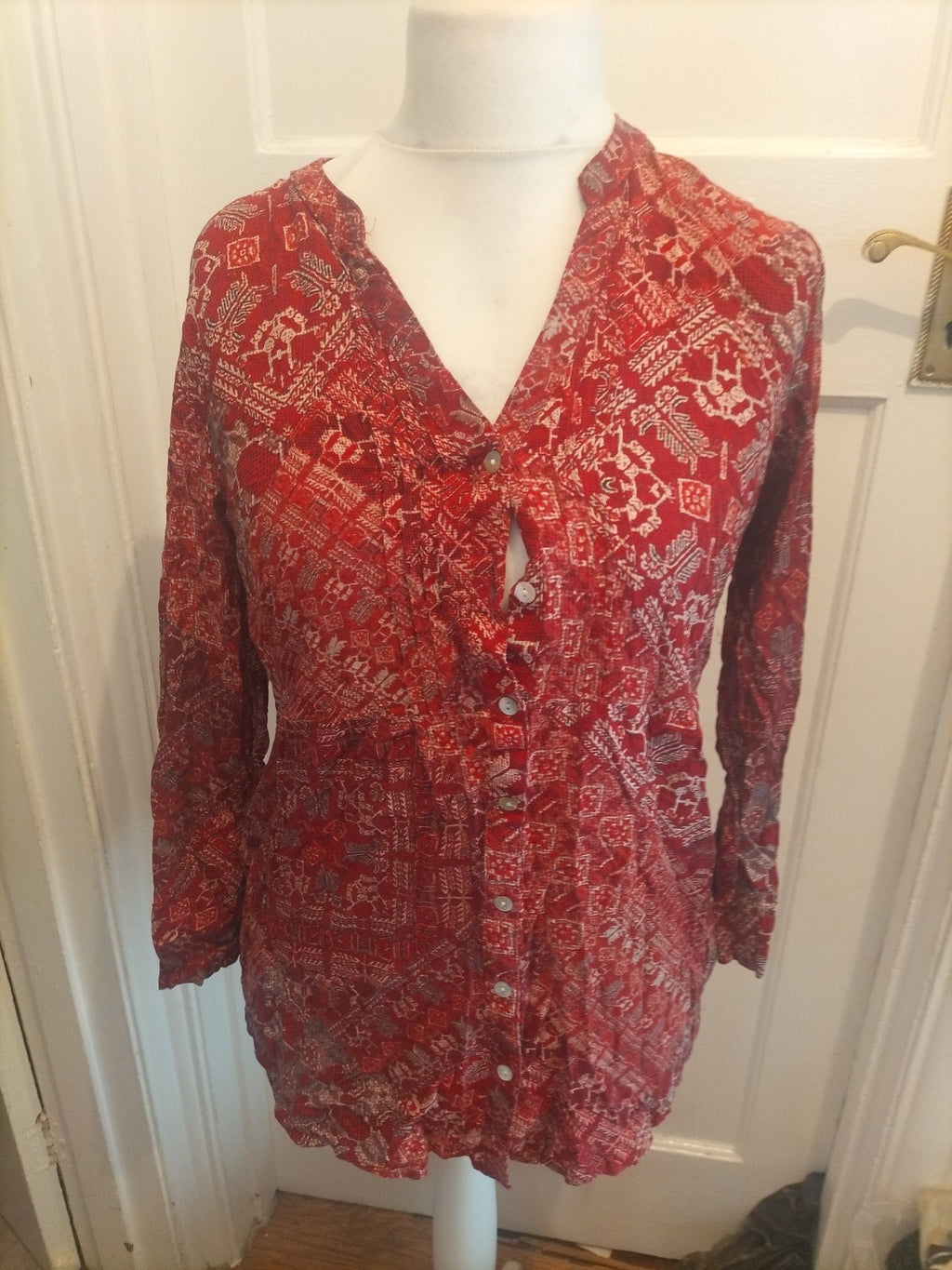 Bonmarche 14 Red And Beige Patterned Long Sleeve Blouse