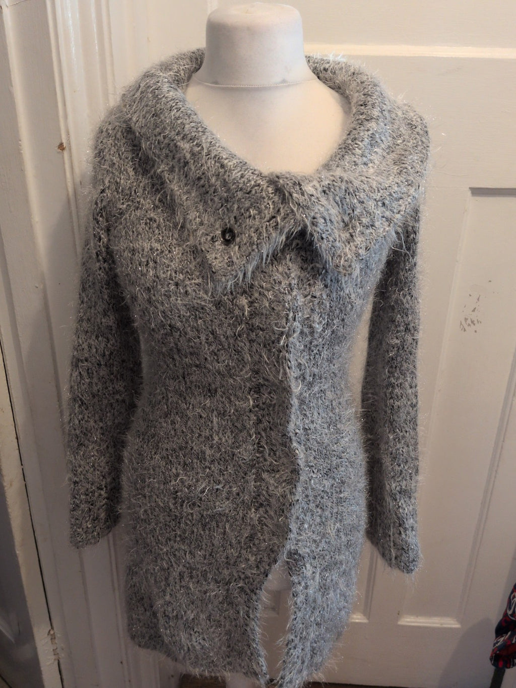 Ladies Small Silver Fluffy Jacket Long Length