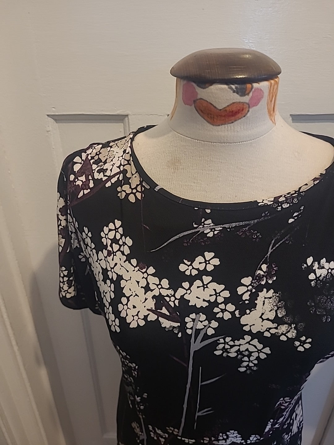Ladies Next Size 12 Purple White Black Floral Short Sleeved Midi To Long Dress