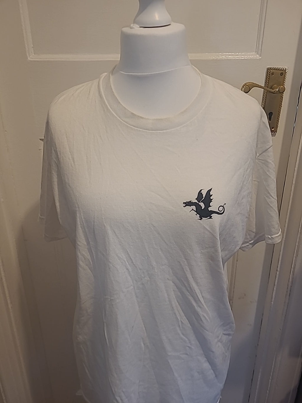 Ladies Gildan Size Large White With Printed Black Short Sleeved Tshirt