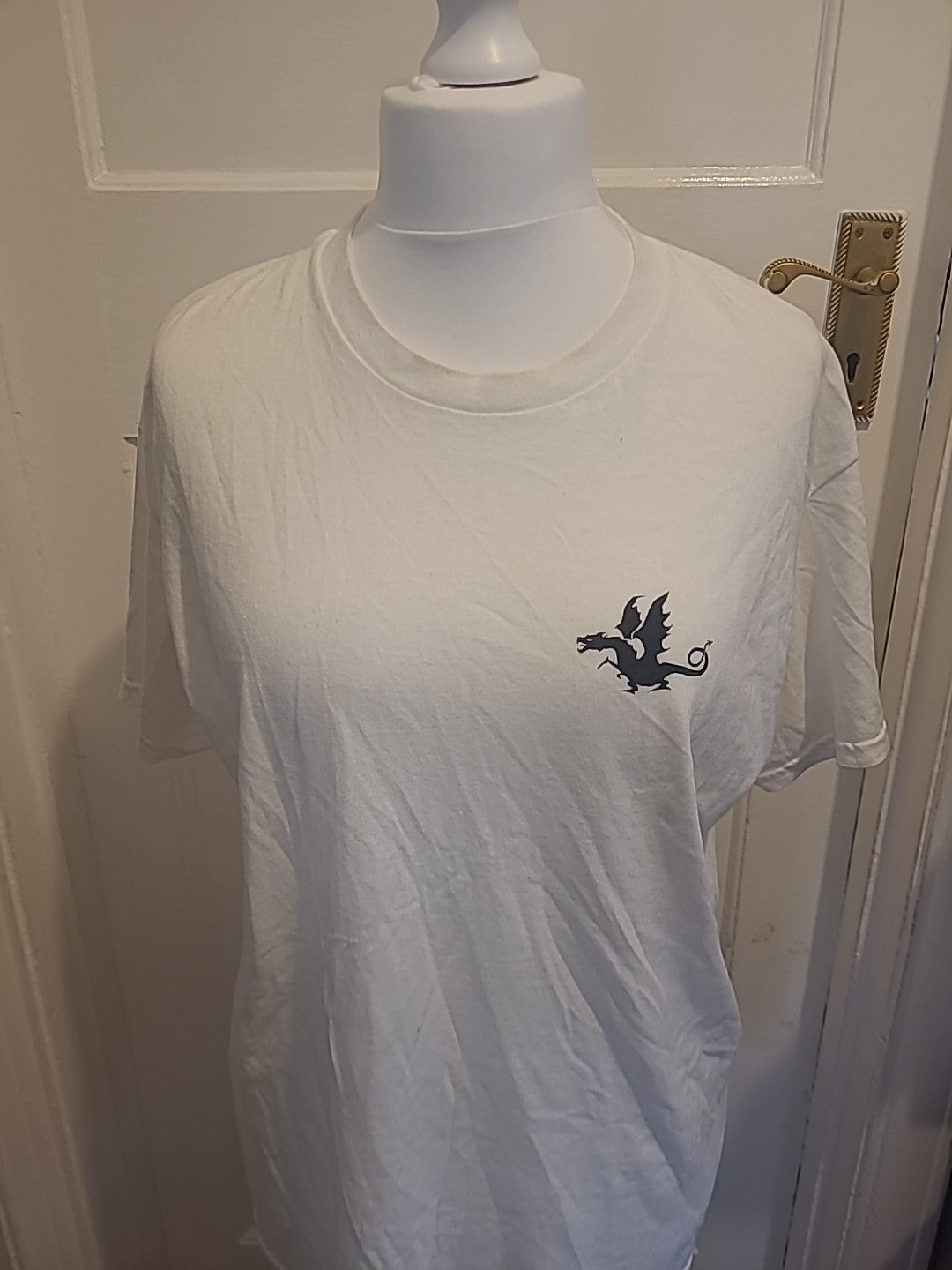 Ladies Gildan Size Large White With Printed Black Short Sleeved Tshirt
