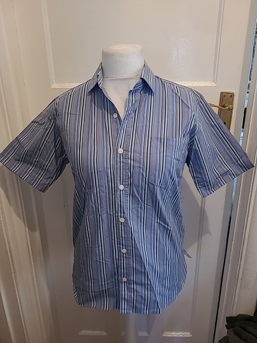 Mens River Island Size Small Blue/Orange Striped Short Sleeved Shirt
