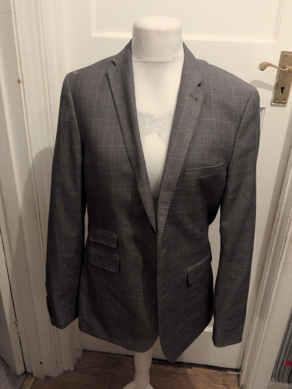 Mens Burton Size 42L Grey Pinstripe Check Suit Jacket Slim Fit