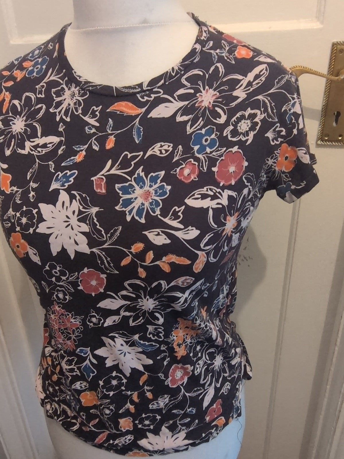 Stradivarius Medium Navy Floral Short Sleeve Blouse