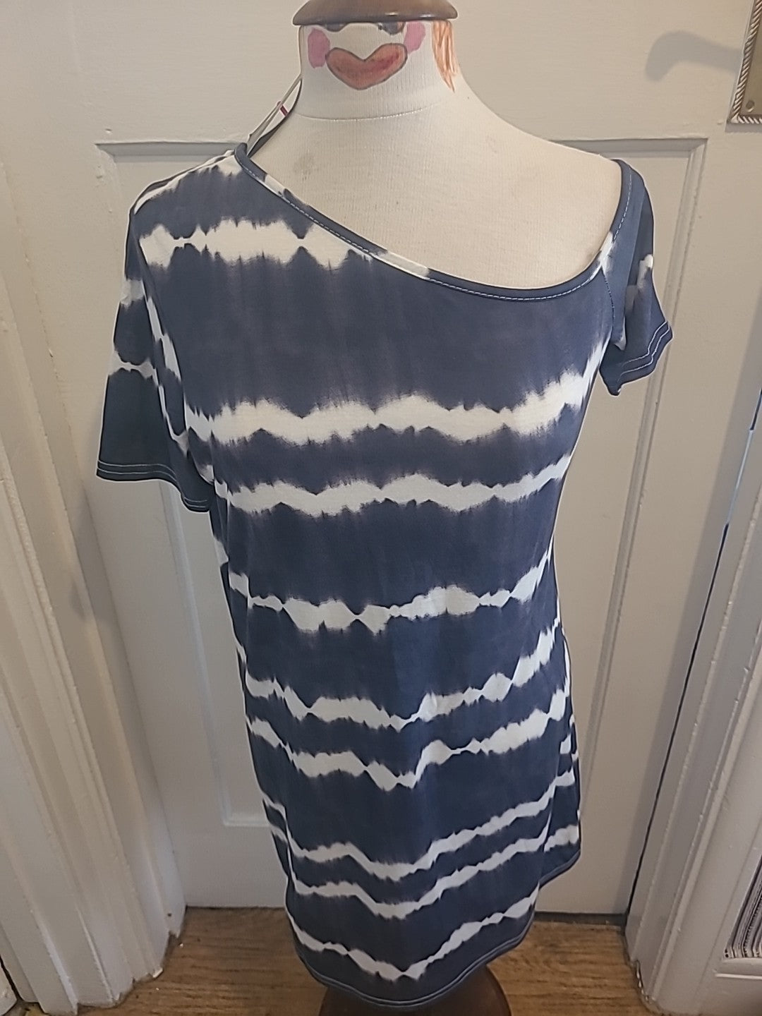 Brand New Ladies Very Size 8 Navy White Off The Shoulder Short Sleeved Dress