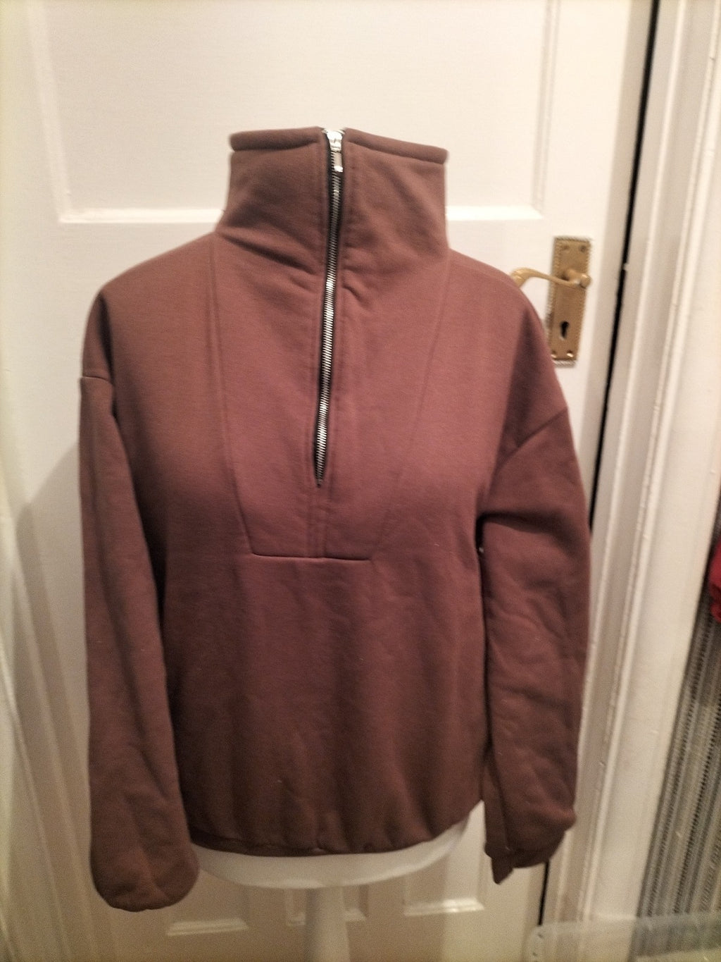 Ladies Large Brown Semi Zip Pullover Jumper