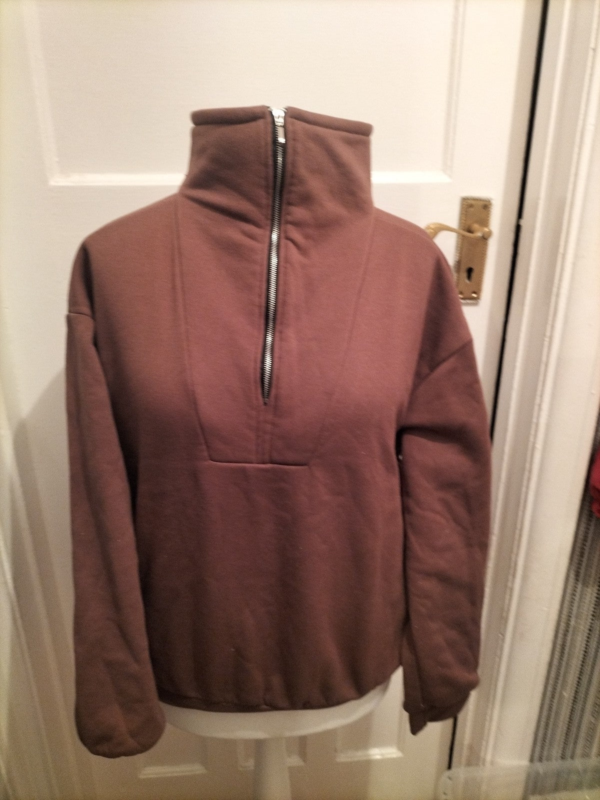 Ladies Large Brown Semi Zip Pullover Jumper