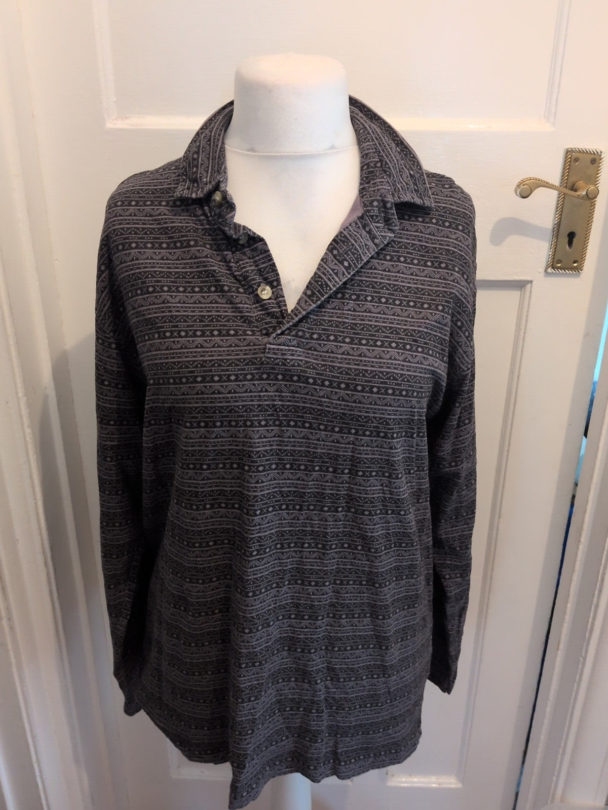 Casual Club Small Grey And Black Pattern Long Sleeve Polo