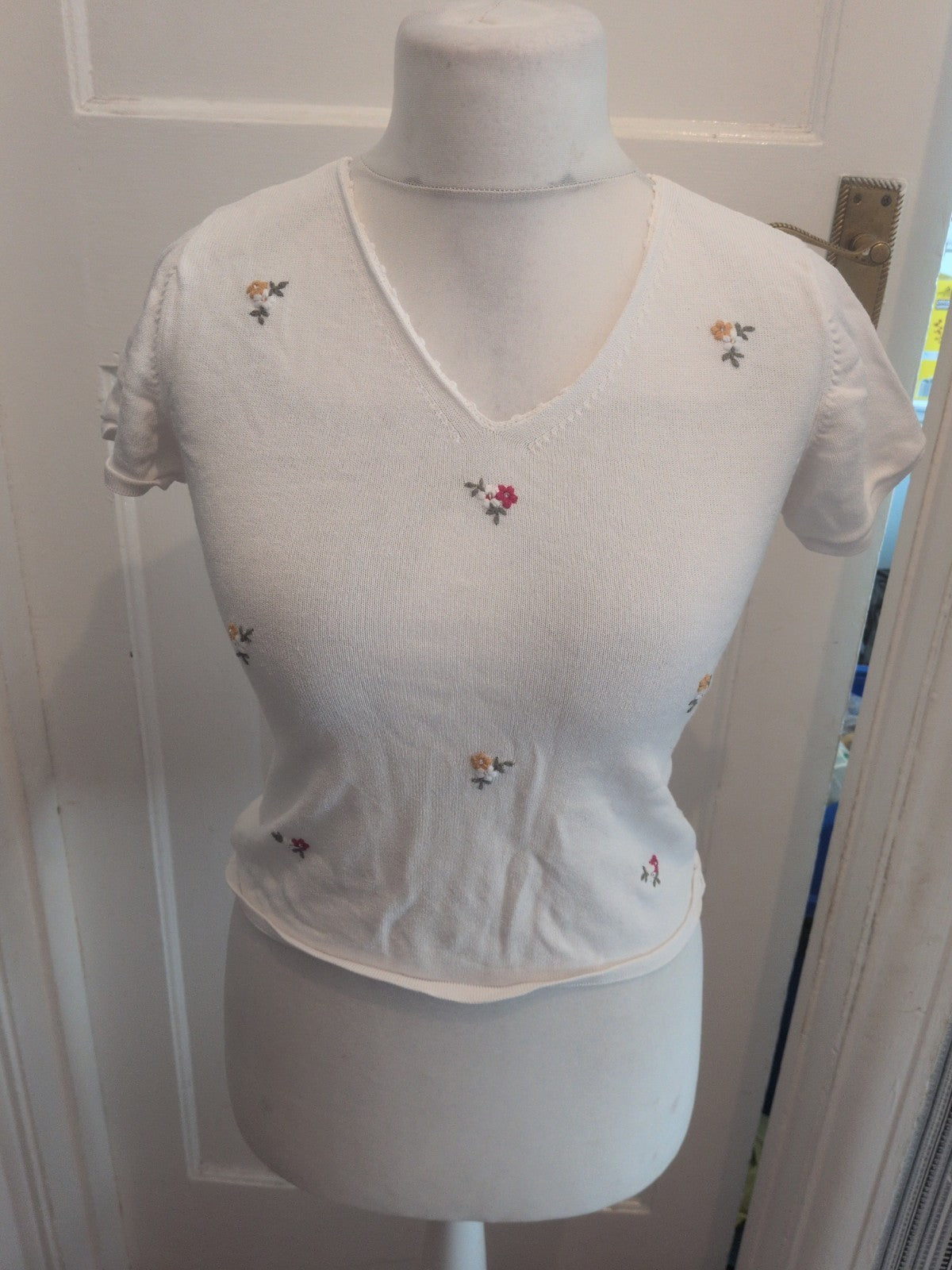 14 White With Flowers Short Sleeve Blouse