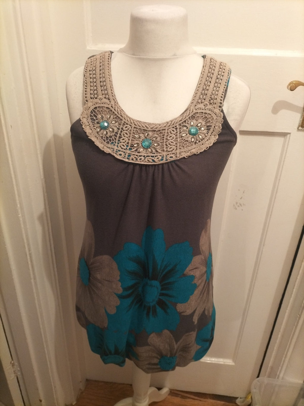 Ladies Pussycat Size Small Grey Toned And Blue Sleeveless Dress