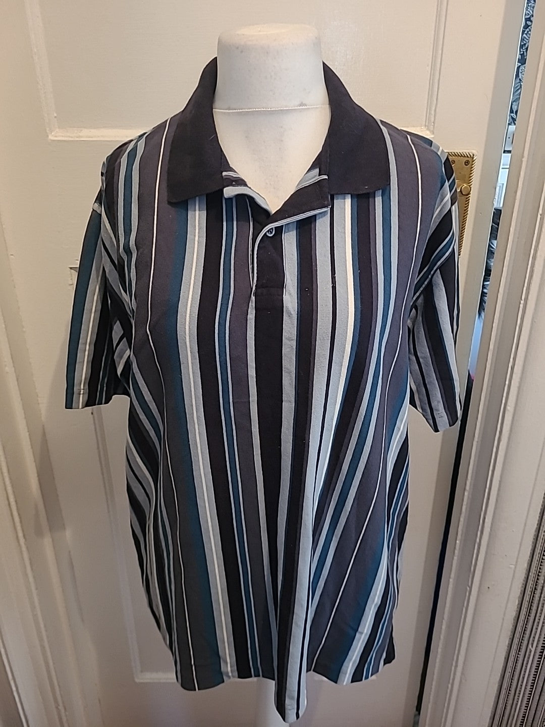 Mens Blue Harbour Size Large Navy Mix Striped Short Sleeved Polo Small Mark...