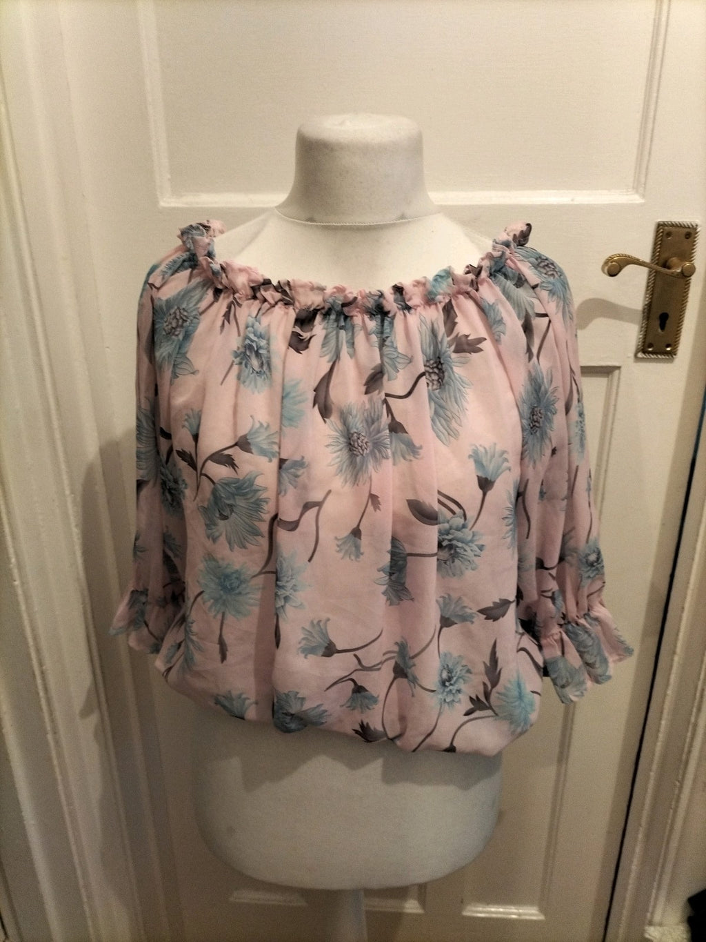 XL Pink And Blue Floral Elasticated Hem Long Sleeve Blouse