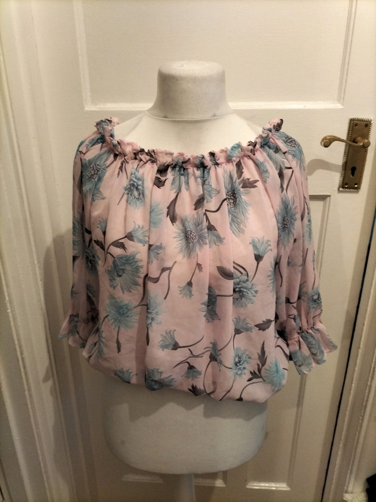 XL Pink And Blue Floral Elasticated Hem Long Sleeve Blouse