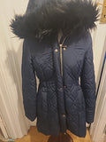 Ladies F&F Size 6 Navy Fleece Lined Faux Fur Coat