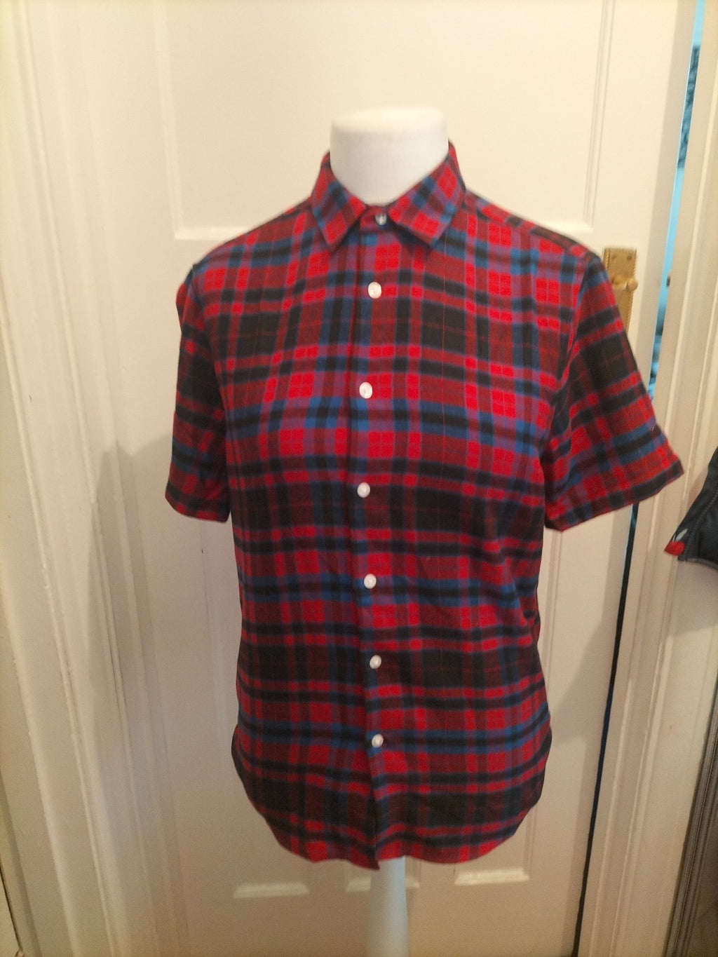Mens Asos Size Medium Navy And Red Check Short Sleeved Shirt