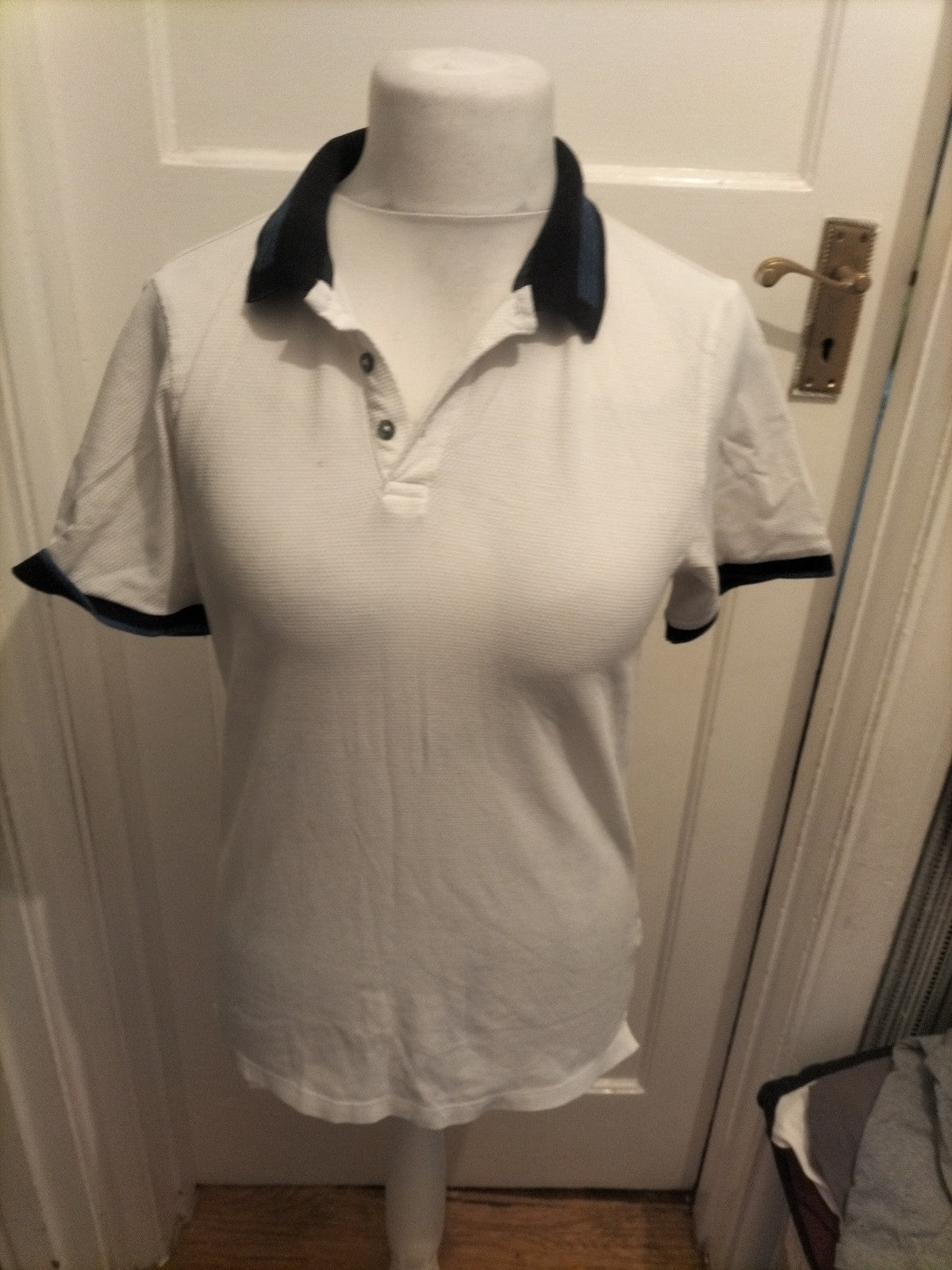 Next Medium Slim Fit White With Navy Trim Short Sleeve Polo Few Small Marks