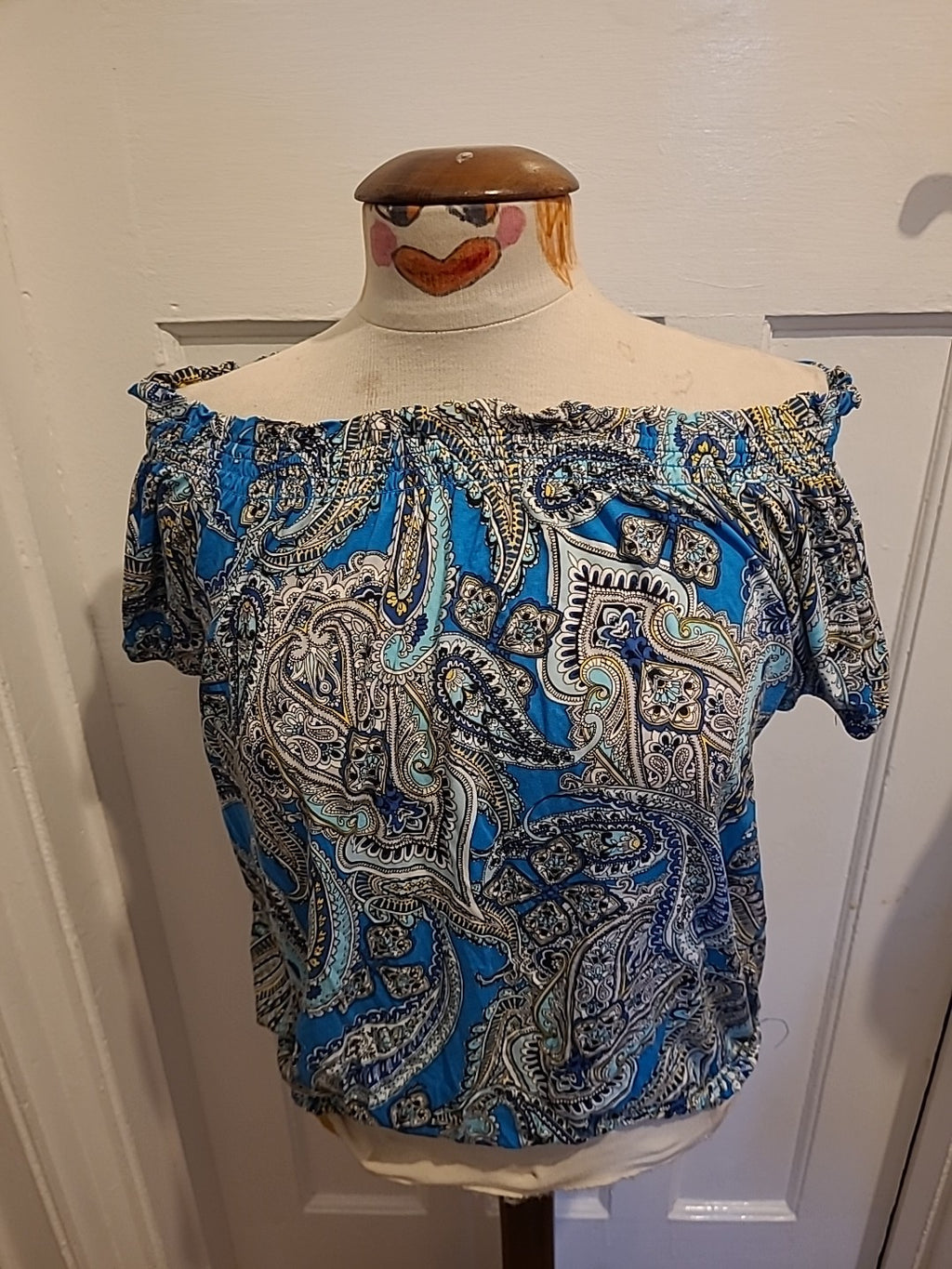 Ladies Dorothy Perkins Size 10 Blue/Yellow/Navy Aztec Short Sleeved Elasticated
