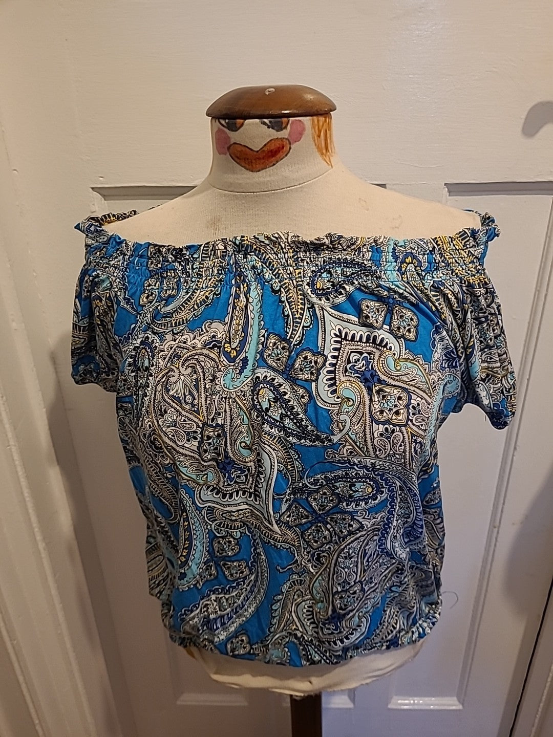 Ladies Dorothy Perkins Size 10 Blue/Yellow/Navy Aztec Short Sleeved Elasticated