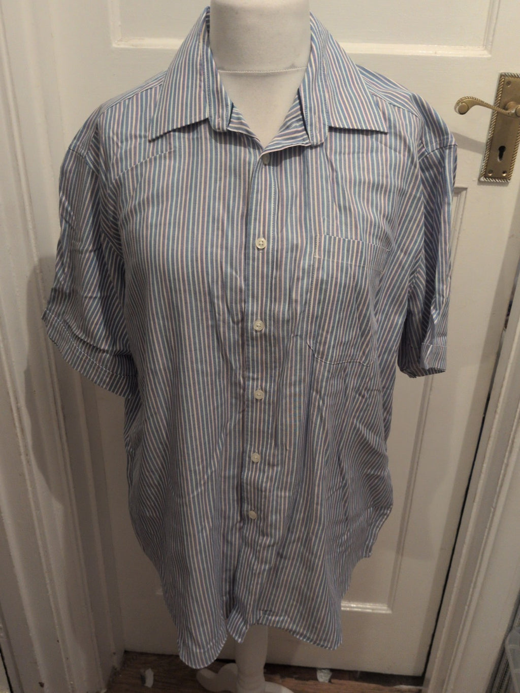 M&S Collection 17 Pure Cotton Performance Blue Stripe Short Sleeve Shirt