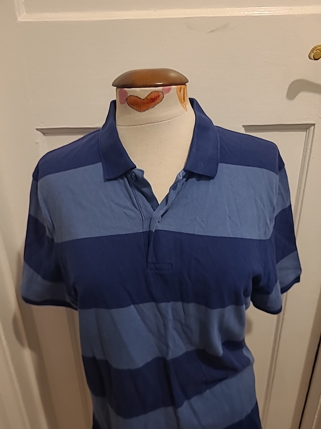 Mens M&S Size M Reg 2 Tone Navy Short Sleeved Striped Polo