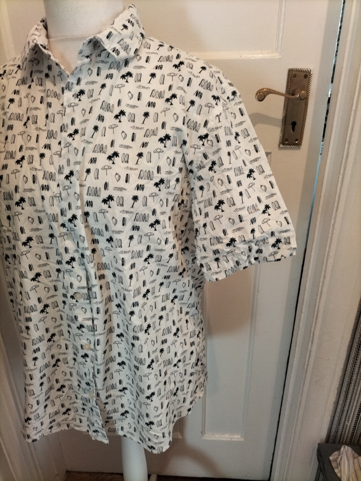 Mens M&S Collection Size L Pur Cotton White Beach Design Short Sleeved Shirt