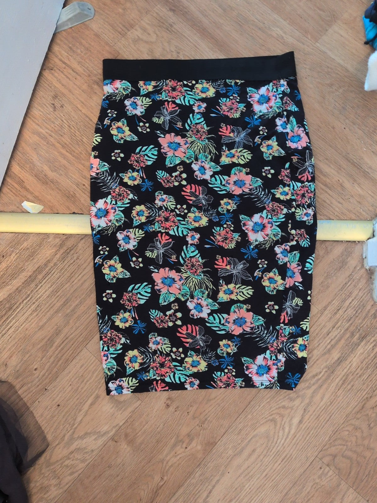 George 12 Black Floral Elasticated Skirt Knee Length