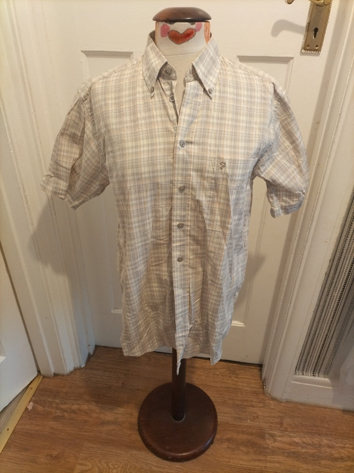 Mens Farah Size Small Beige Check Short Sleeved Shirt