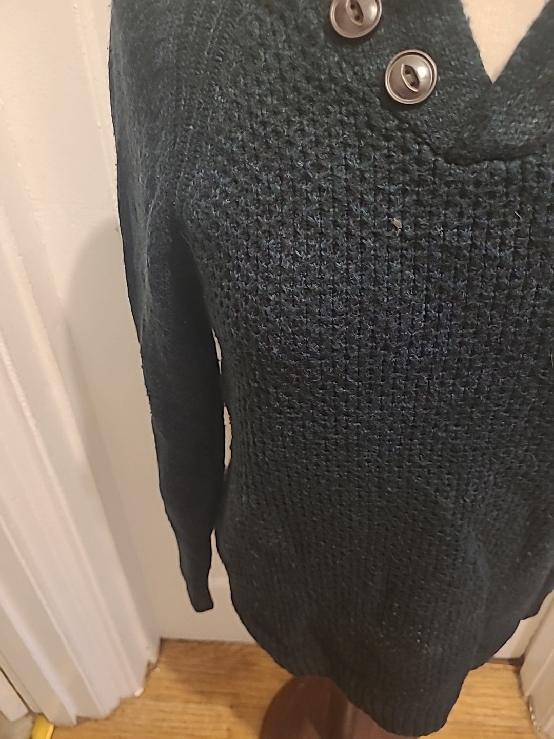 Mens Easy Size Small Green Navy Fleck Long Sleeved Pullover Jumper