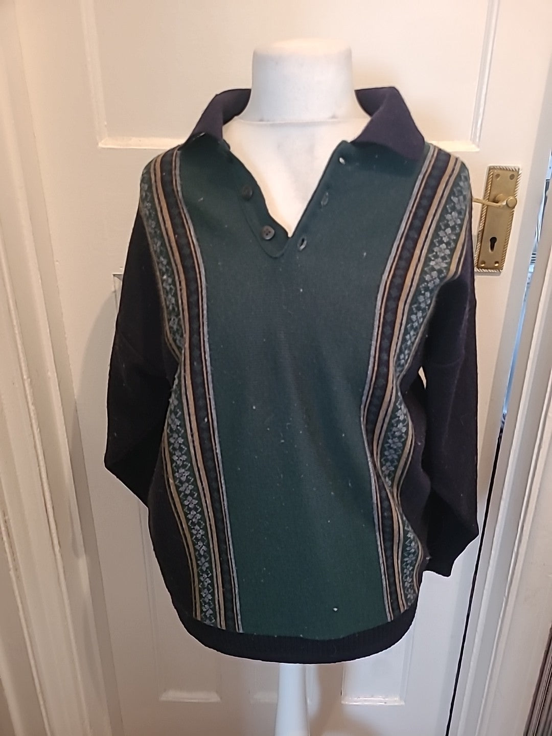 Mens BHS Size Large Dark Navy And Green Collared Jumper