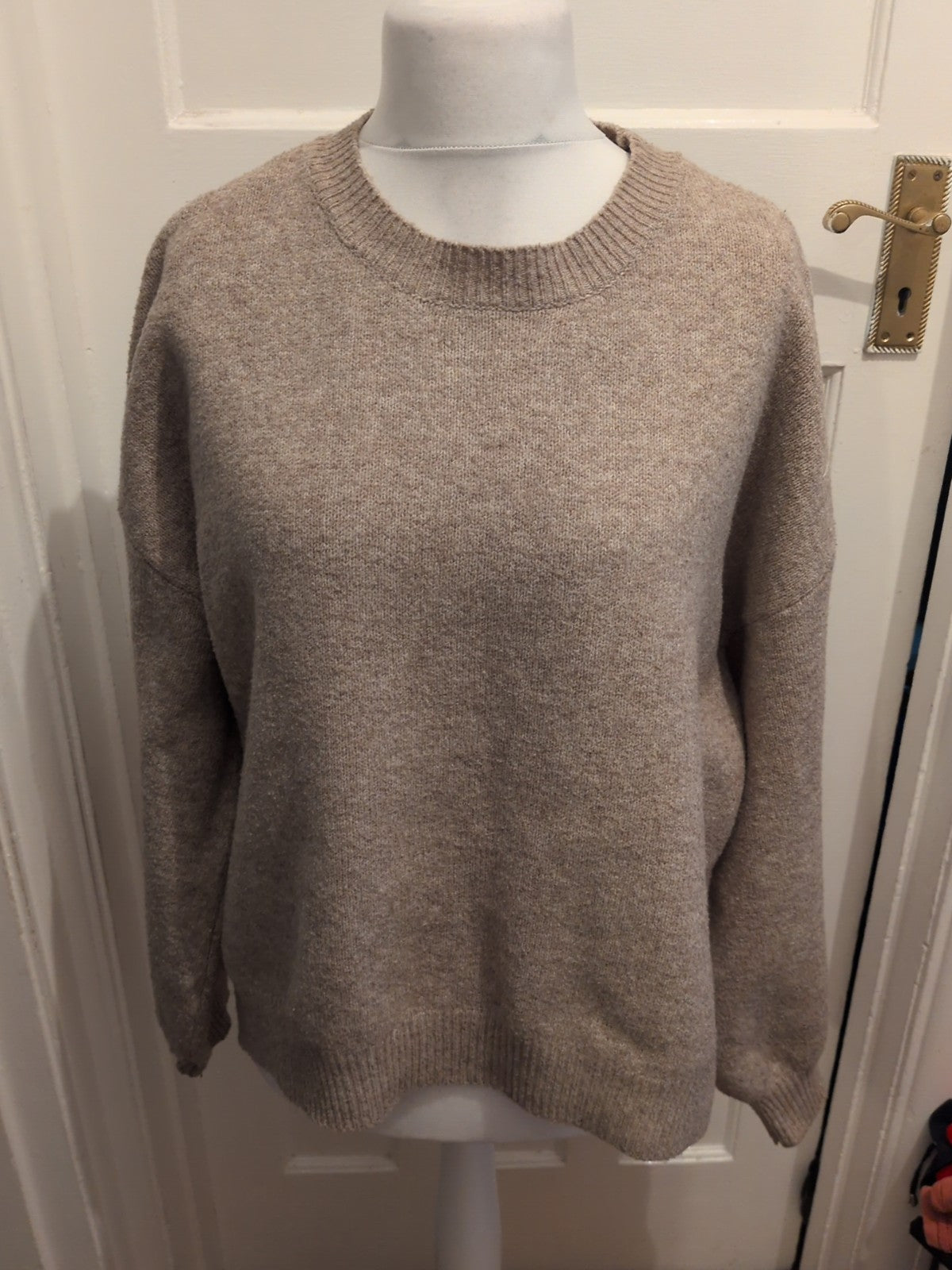 Large Beige Ribbed Hem And Cuff Pullover Jumper
