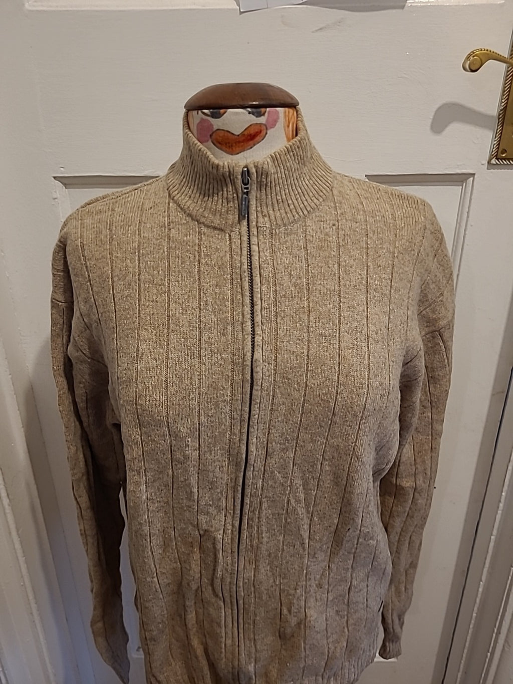 Mens Sand Size Large Beige Ribbed Zipped Jumper