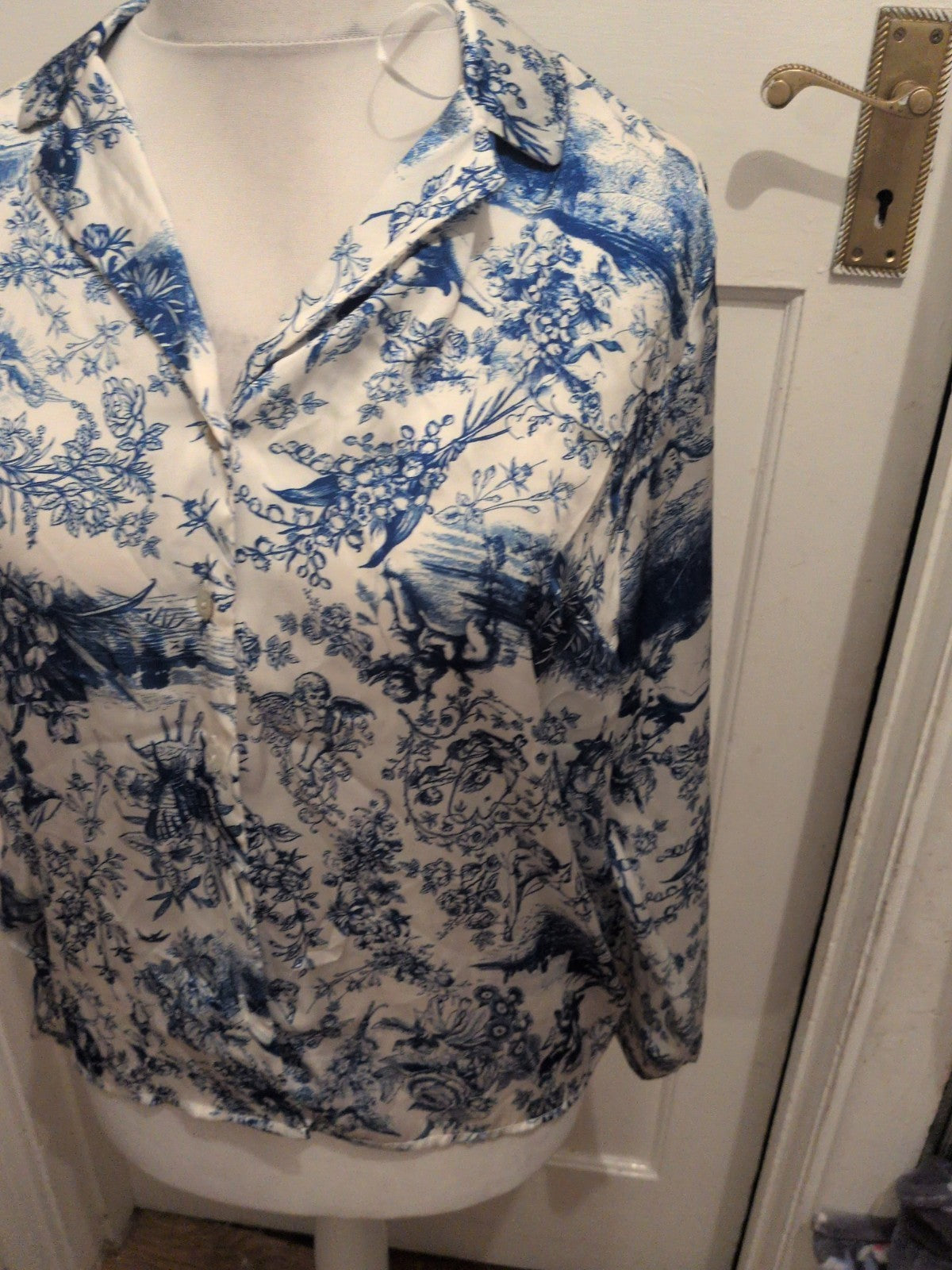 Ladies Primark Small Blue And White Long Sleeve Buttoned Blouse