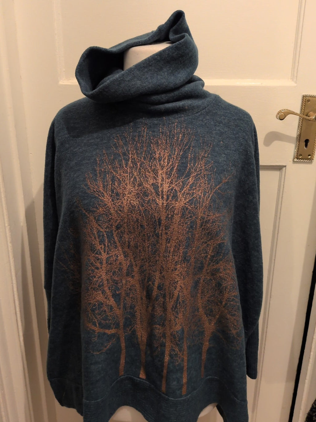 M/L Green With Gold Trees Long Sleeve High Neck Jumper