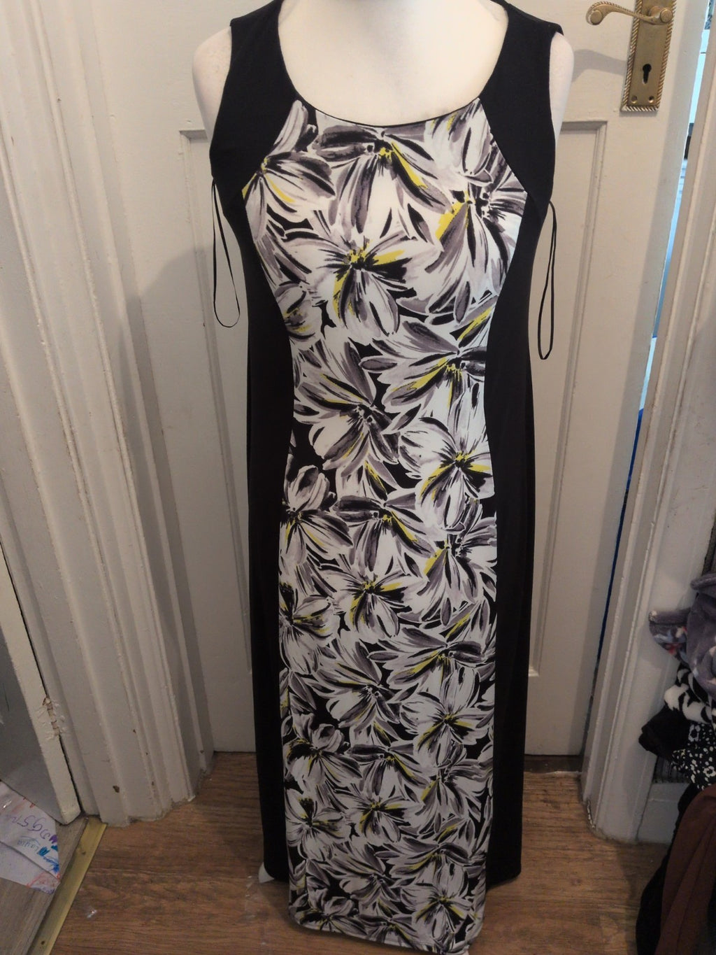 New Look 14 Long Length Black Grey And Yellow Floral Dress Sleeveless