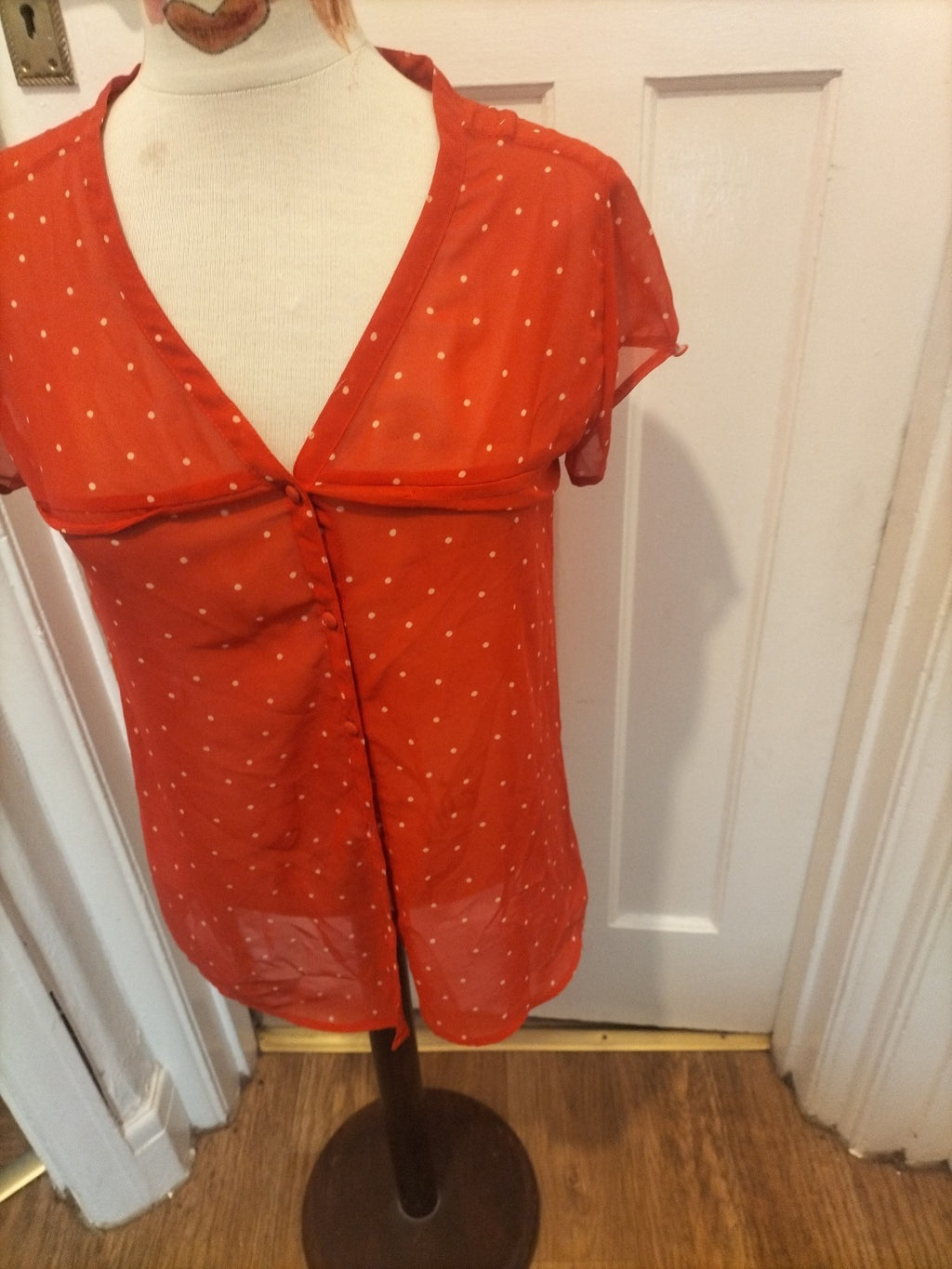 Ladies Zara Size Small Red/White Spotty See Through Short Sleeved Blouse