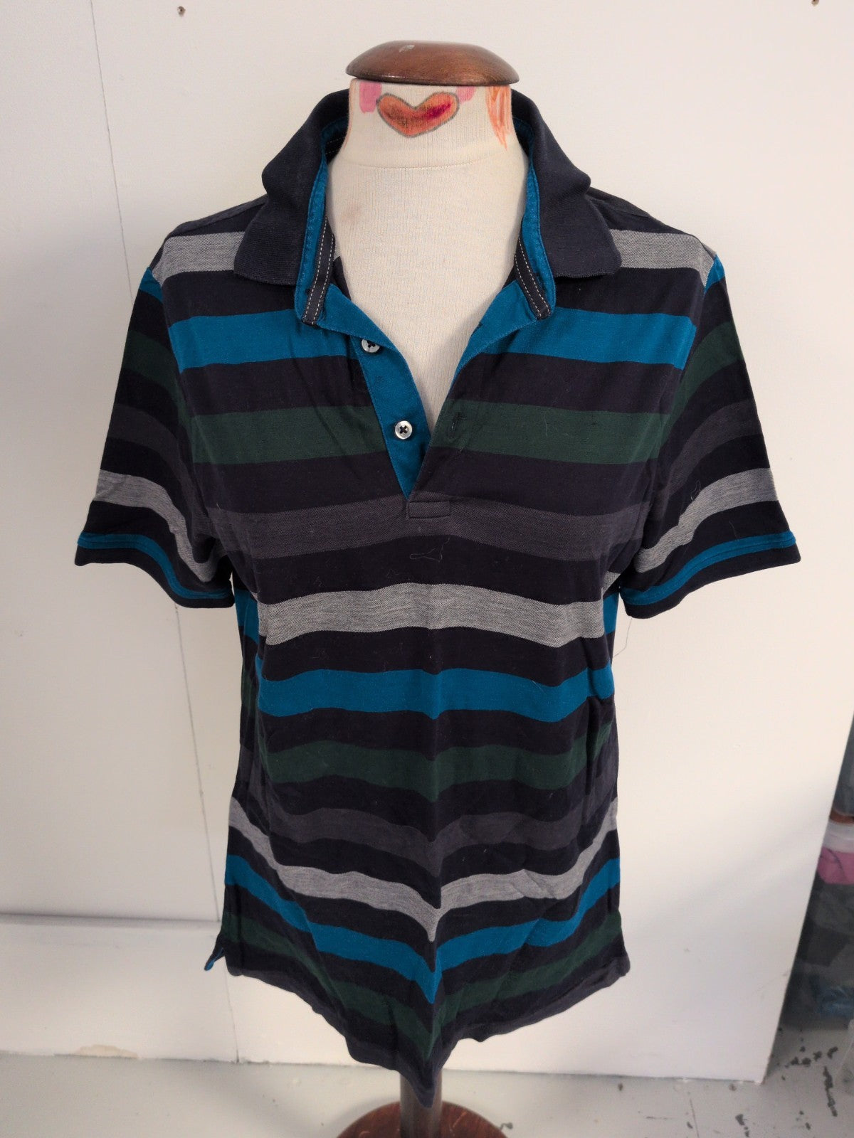 Blue Harbour Medium Green/Navy/Grey Stripe Short Sleeve Polo