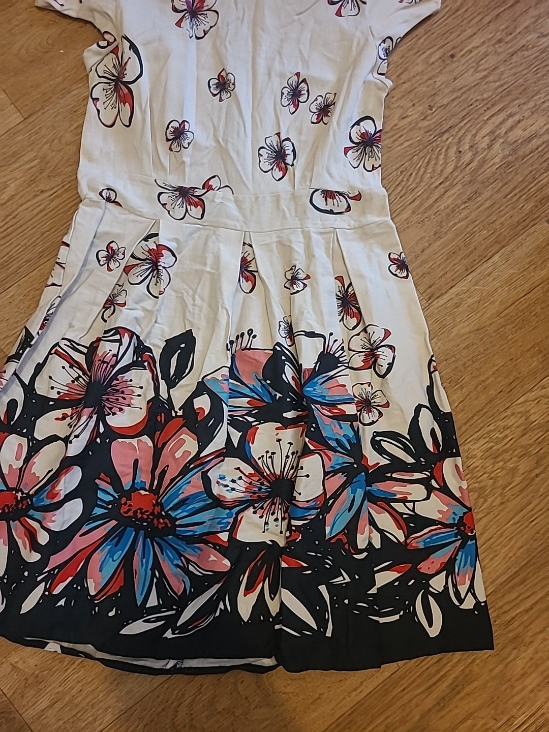 Ladies Amaya Size 10 Ivory With Black Red Floral Sleeveless Dress