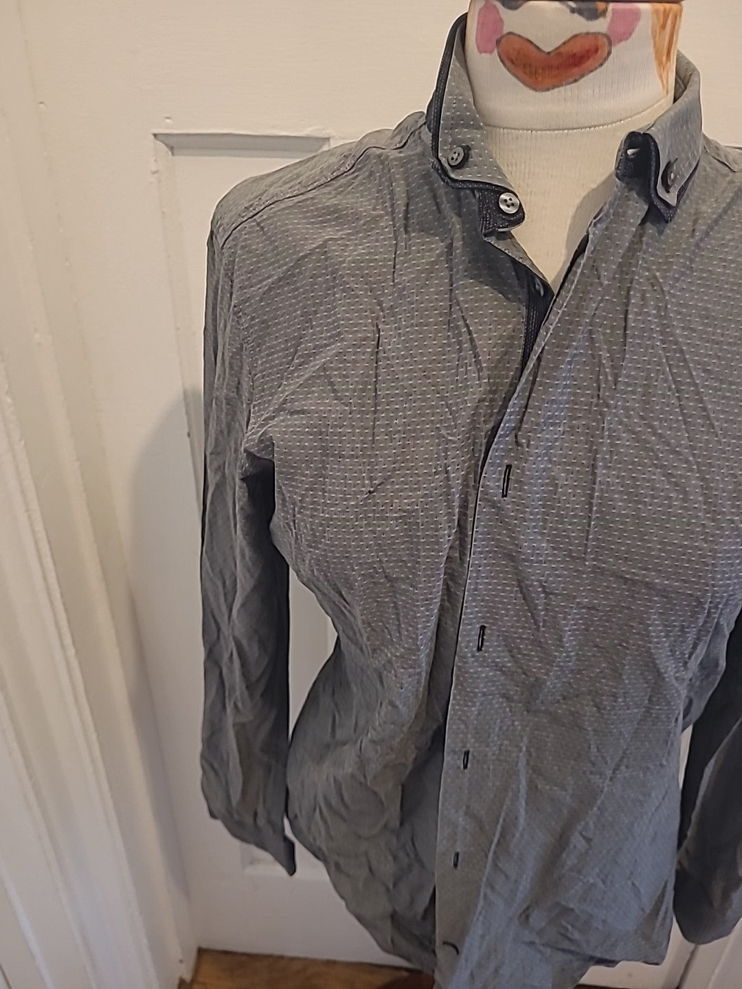 Mens Next Size 14.5" Grey With White Regular Fit Long Sleeved Shirt