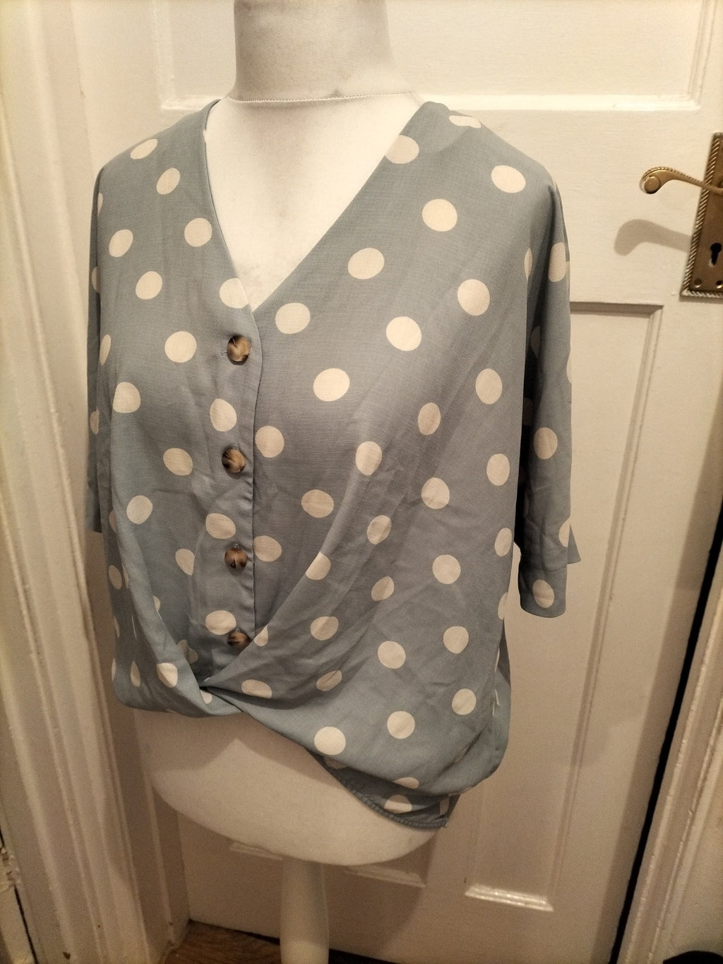 Primark 10 Blue And White Spotted Blouse Short Sleeve