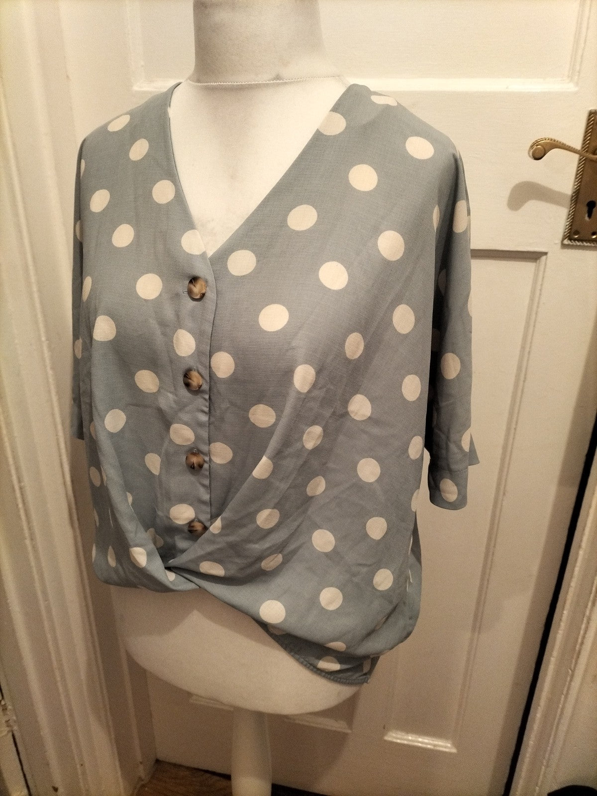 Primark 10 Blue And White Spotted Blouse Short Sleeve