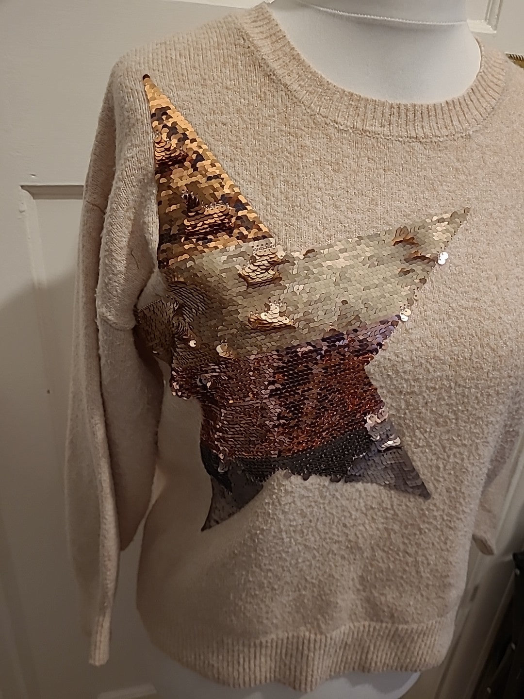 Ladies F&F Size Medium Pale Pink Woth Sequin Star Pullover Jumper