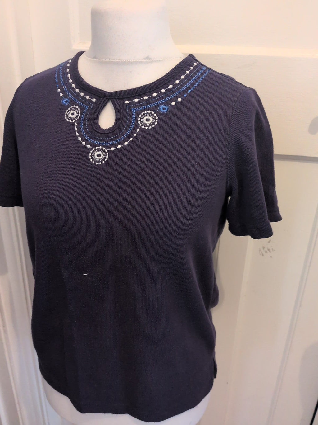 BM Small Navy Embroidered Neck Short Sleeve Blouse
